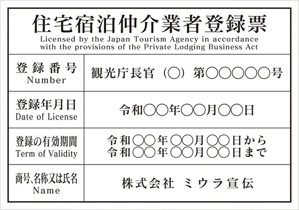 住宅宿泊仲介業者登録票 フォント 明朝体